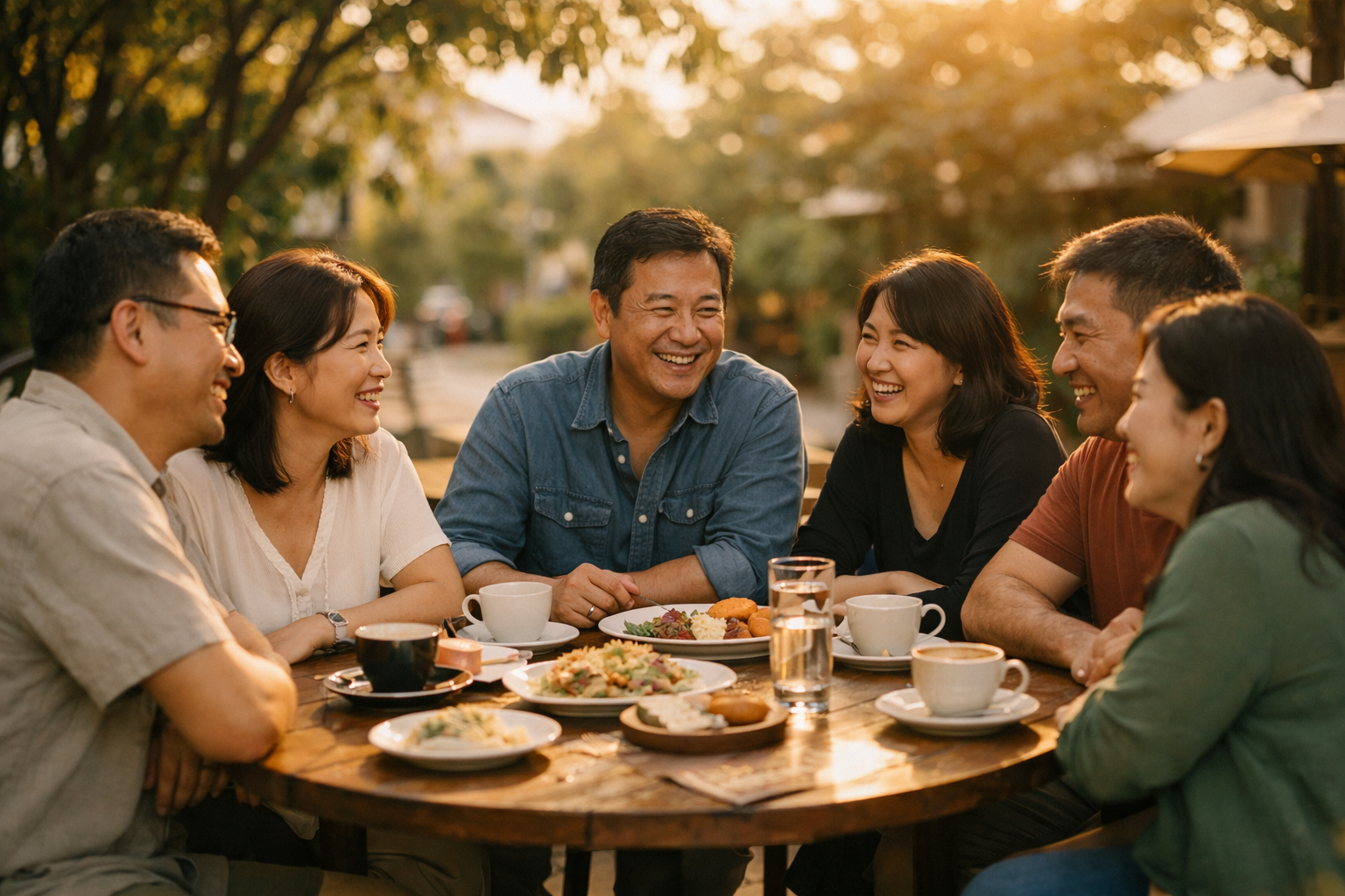 Friends gathered around a table sharing a meal and laughing together