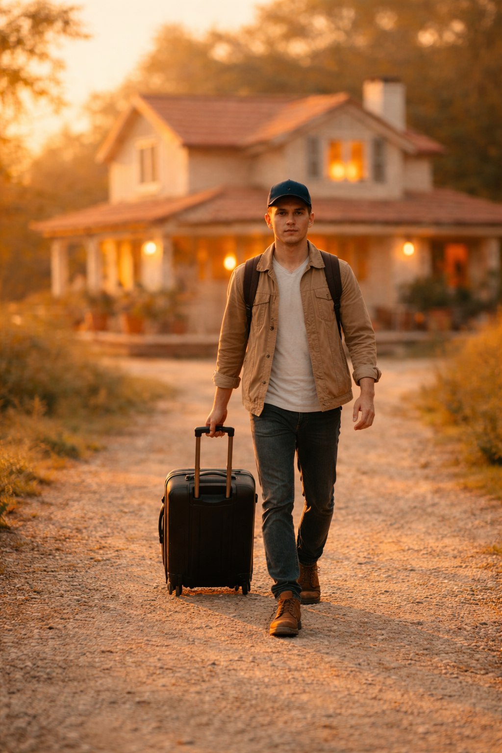 Young man walking away from home with luggage at golden hour